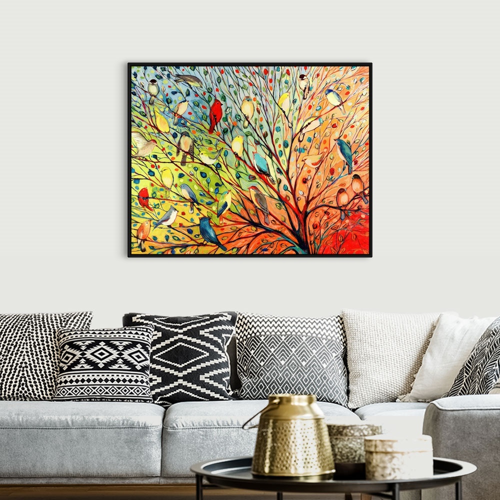 A bohemian room featuring Landscape, oversized contemporary painting of a variety of birds in a tree with flowing branches ...