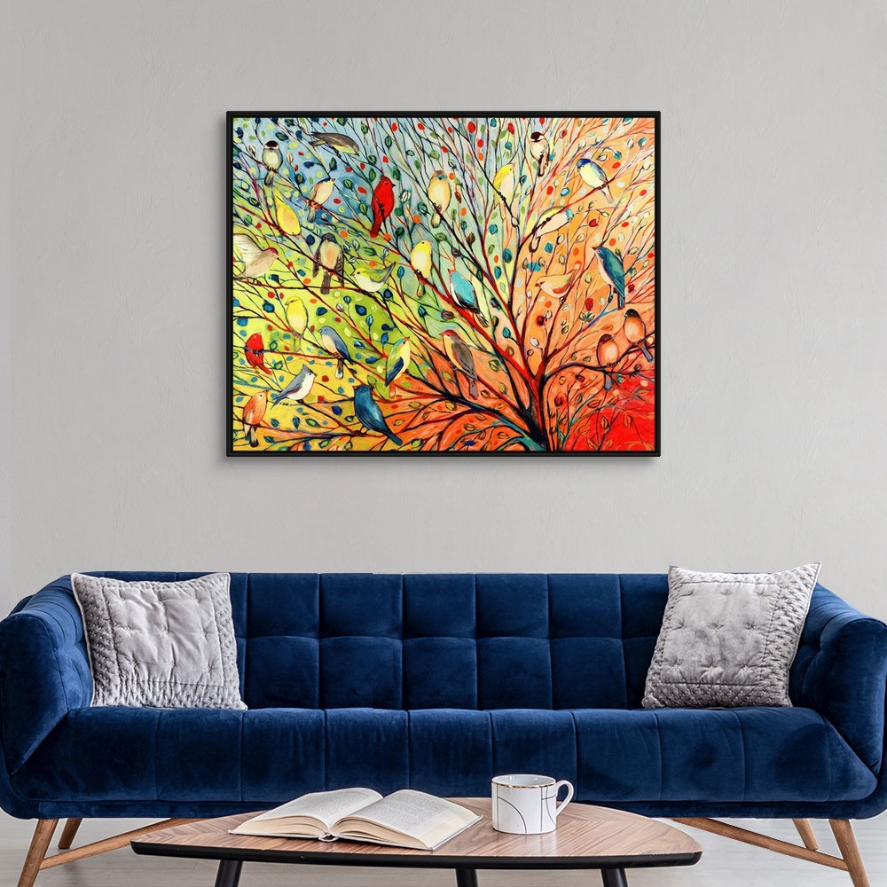 A modern room featuring Landscape, oversized contemporary painting of a variety of birds in a tree with flowing branches ...