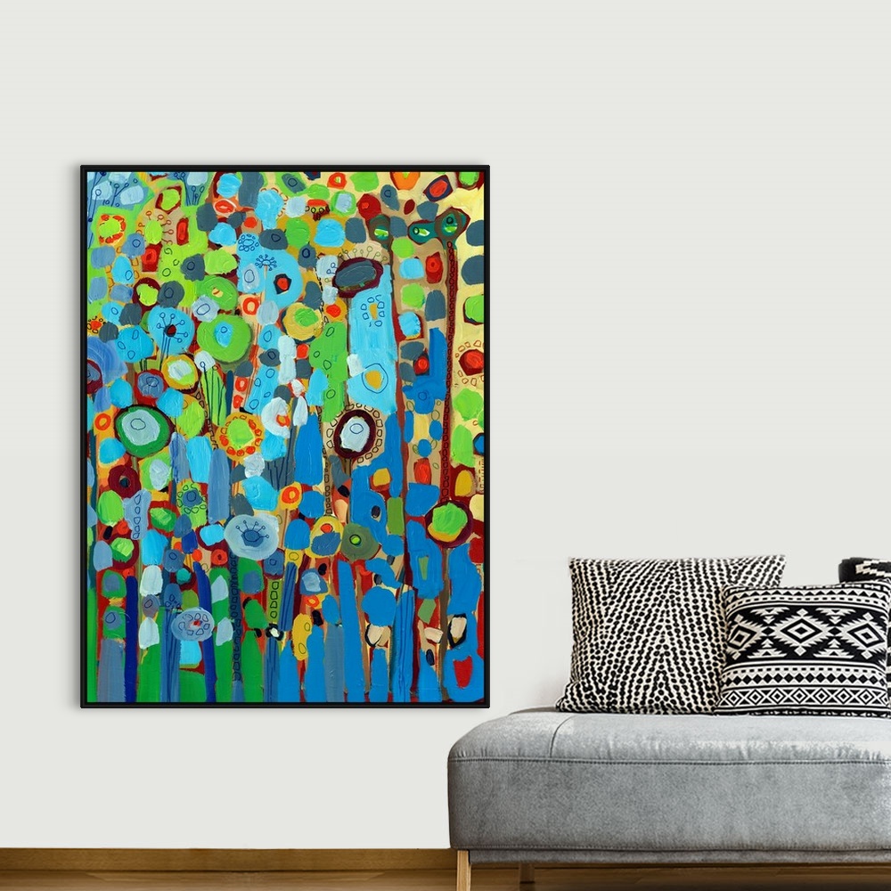 A bohemian room featuring Large portrait abstract painting of a variety of circular flowers growing vertically in mainly co...