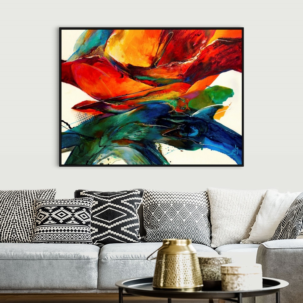 A bohemian room featuring Big abstract painting includes a variety of textures, warm tones and lively colors that also has ...