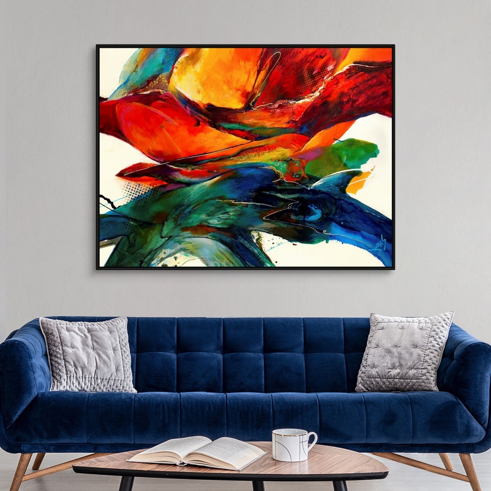 A modern room featuring Big abstract painting includes a variety of textures, warm tones and lively colors that also has ...