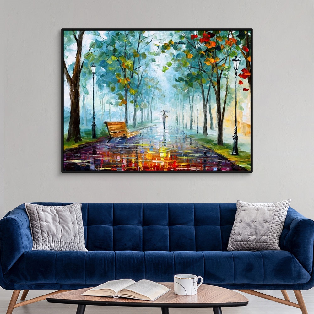 A modern room featuring Contemporary  painting of person with umbrella walking in the rain into the distance on a wet pat...