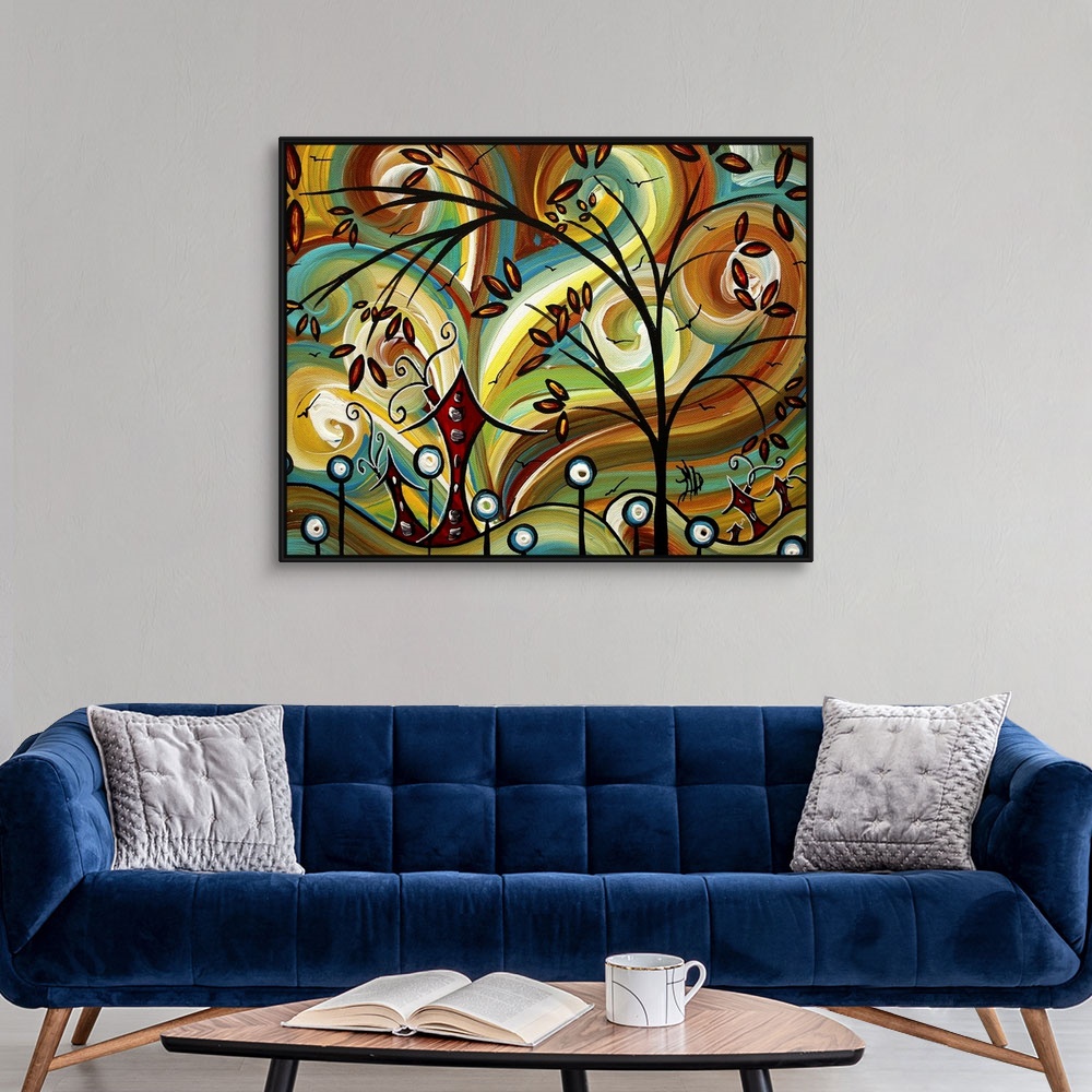A modern room featuring Big contemporary art involving birds flying over a large tree and flowers that are sitting in fro...