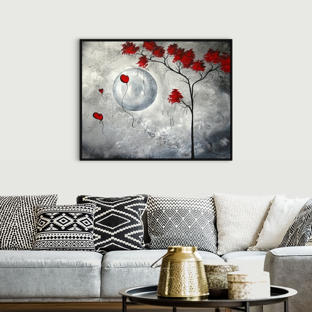 A bohemian room featuring Contemporary black and white painting of a tree with accents of red for it's leaves and heart sha...