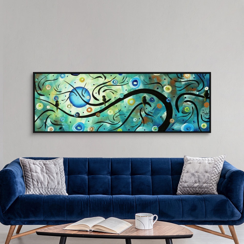 A modern room featuring This panoramic shaped decorative accent is a variety of abstract textures and shapes with of bird...