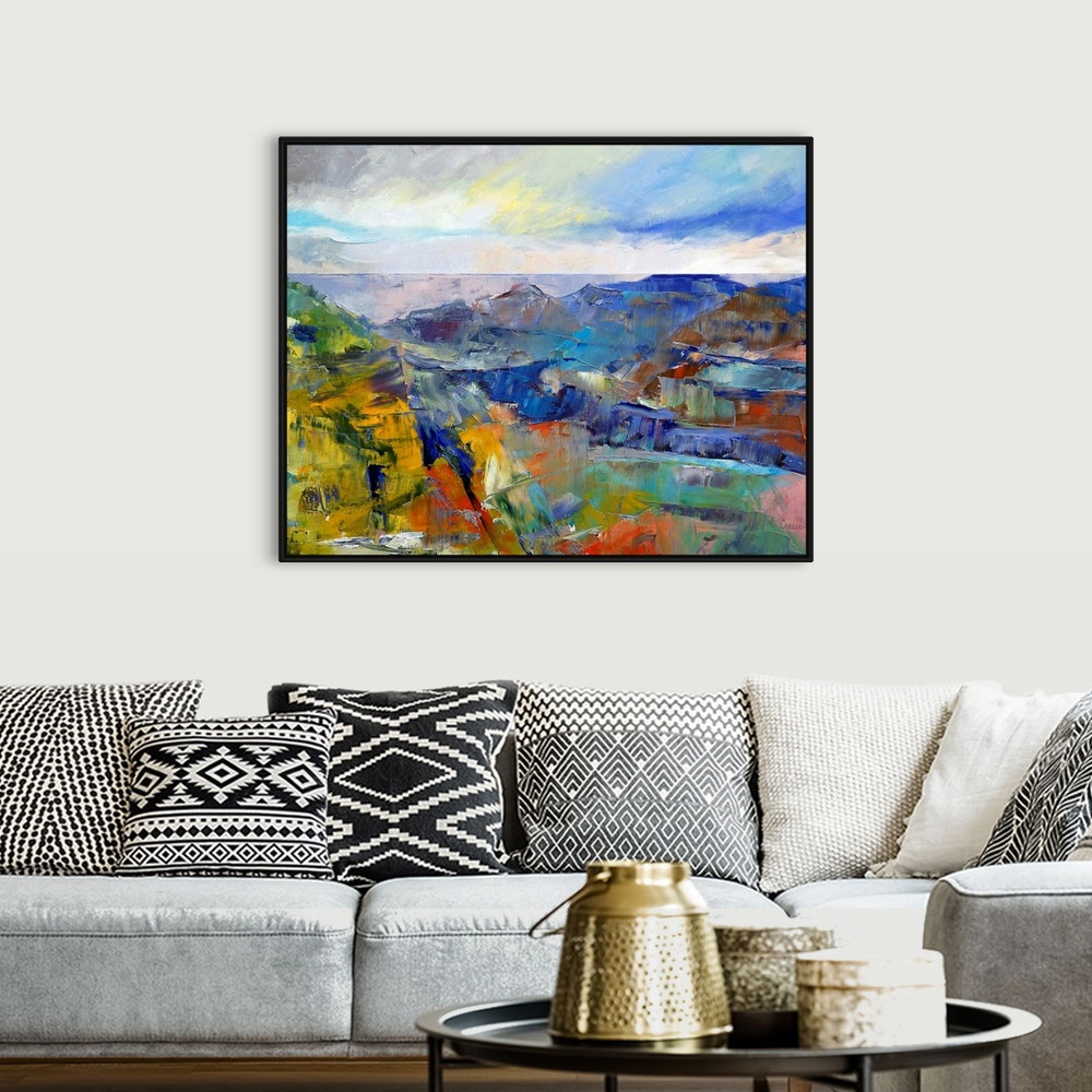 A bohemian room featuring Giclee wall art of an oil paint landscape depicting an impressionistic view of the famous America...