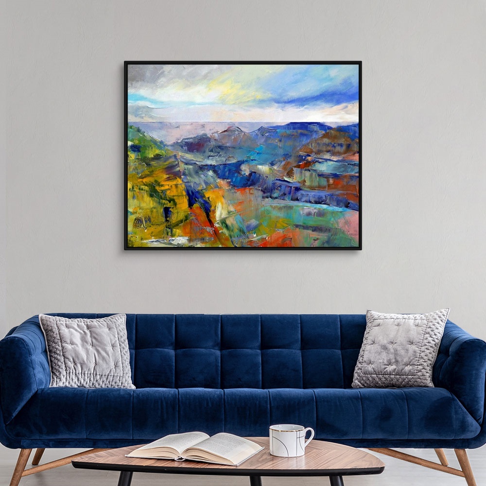 A modern room featuring Giclee wall art of an oil paint landscape depicting an impressionistic view of the famous America...