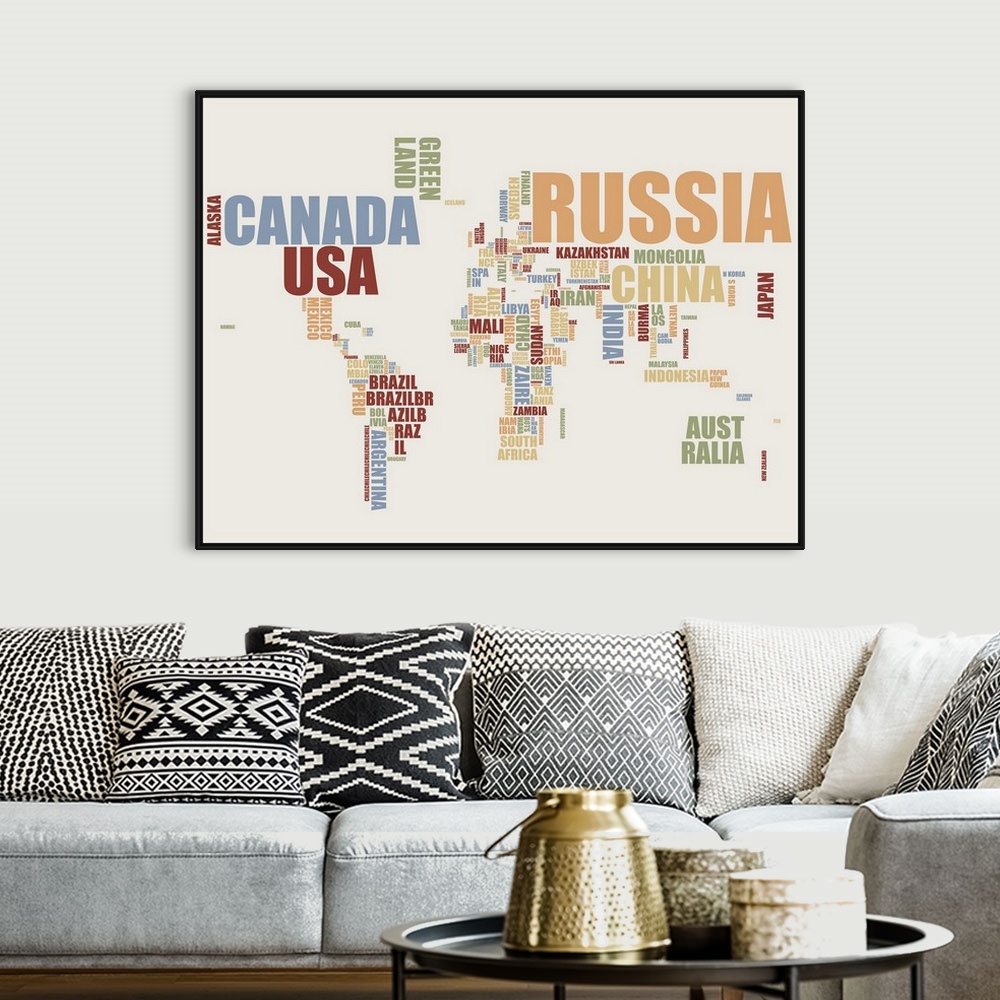 A bohemian room featuring Contemporary typographic map of the world.  Each continent is shaped by the letters that create e...