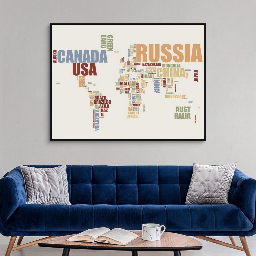 A modern room featuring Contemporary typographic map of the world.  Each continent is shaped by the letters that create e...