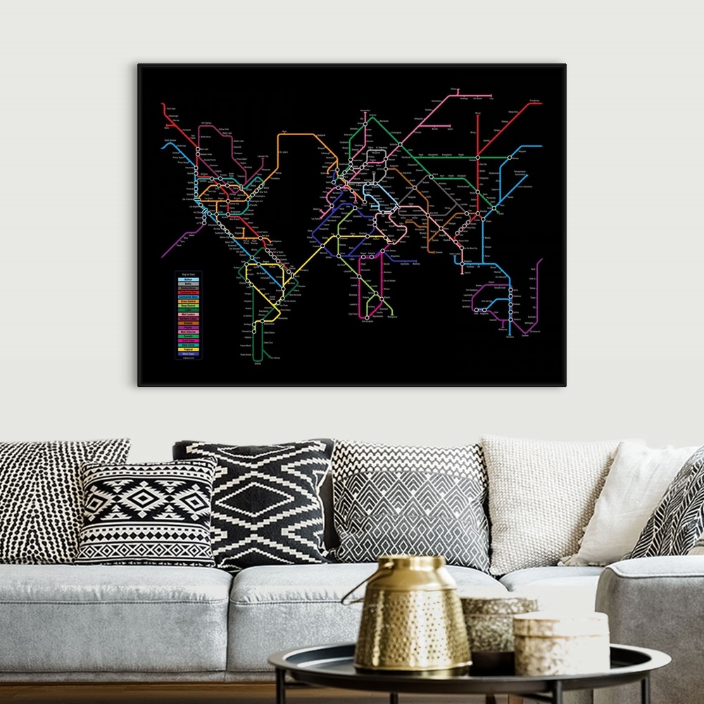 A bohemian room featuring World Map in iconic style of a Tube / Metro / Subway / Underground System Map, with cities around...