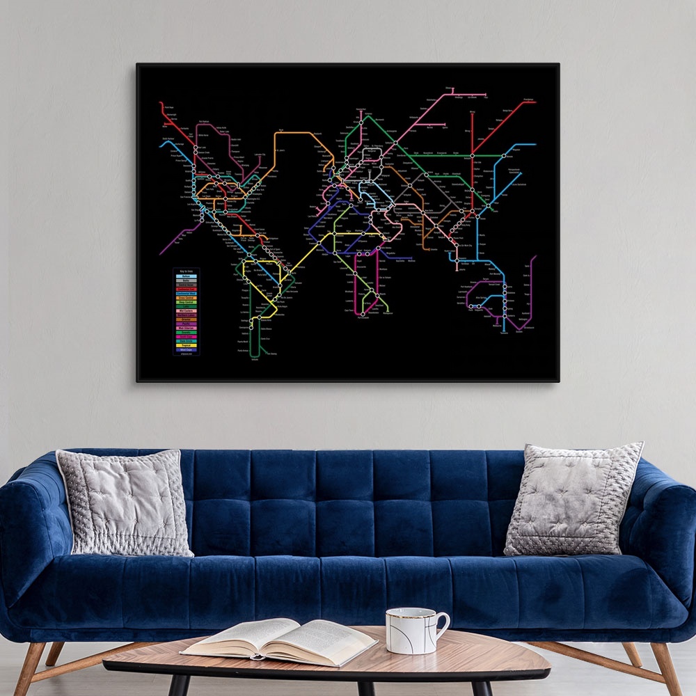 A modern room featuring World Map in iconic style of a Tube / Metro / Subway / Underground System Map, with cities around...