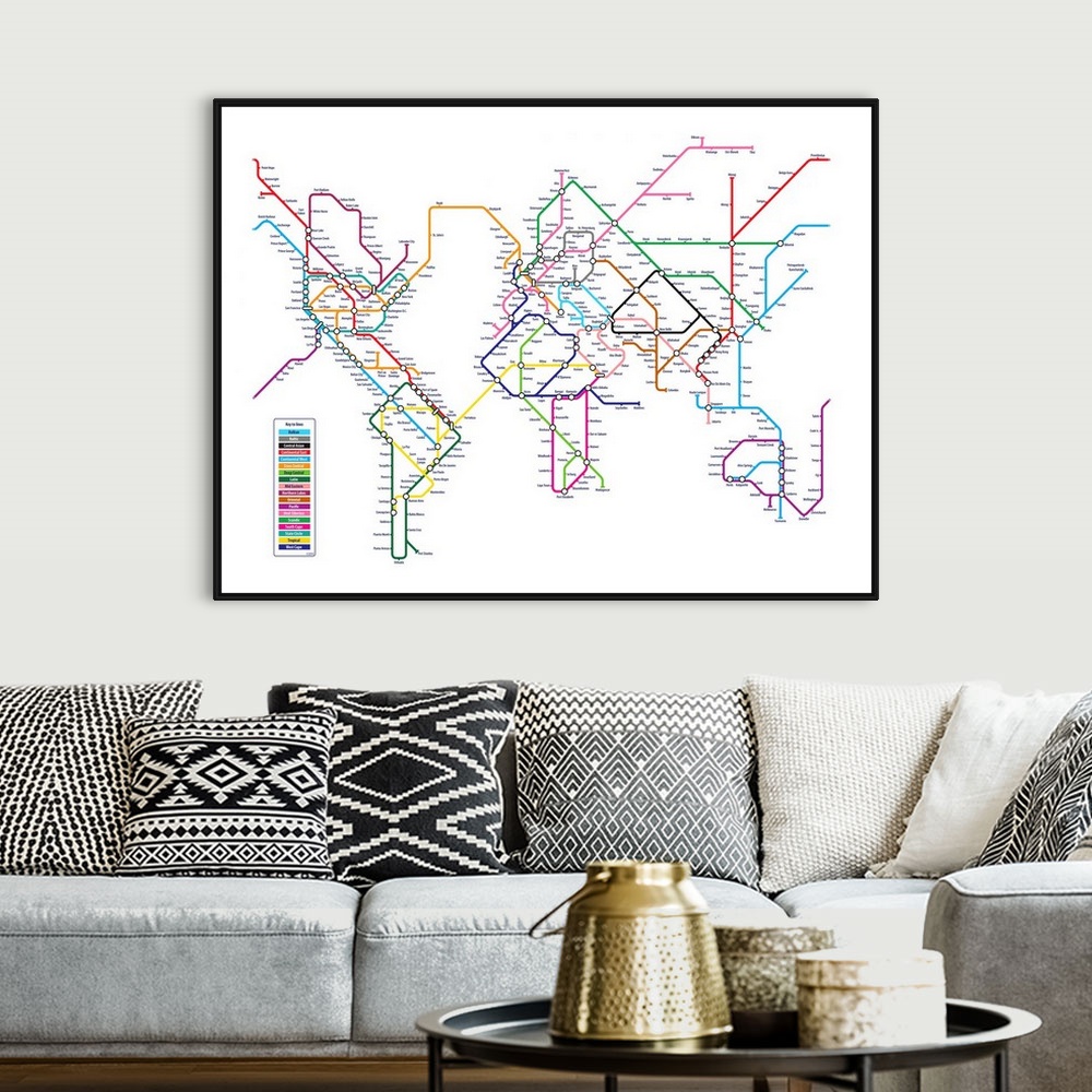 A bohemian room featuring A world map recreated as a public transit map on a blank background with cities of the world as s...