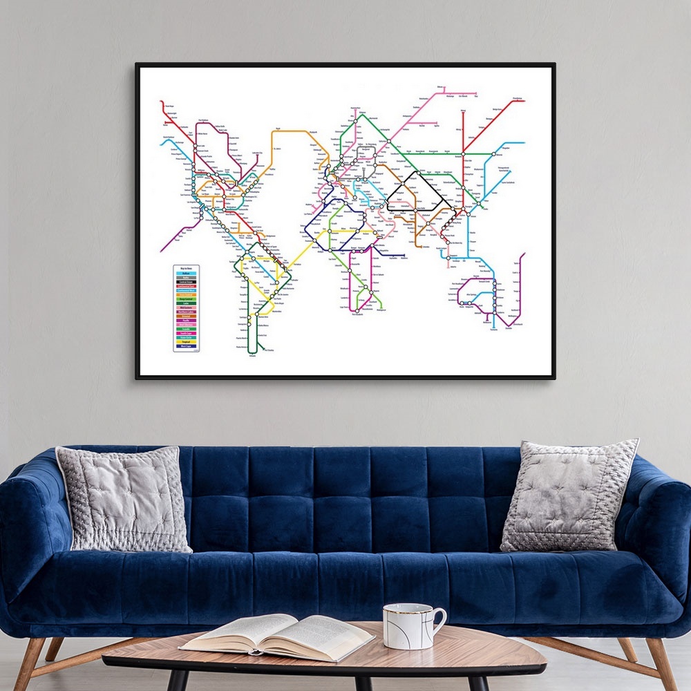 A modern room featuring A world map recreated as a public transit map on a blank background with cities of the world as s...