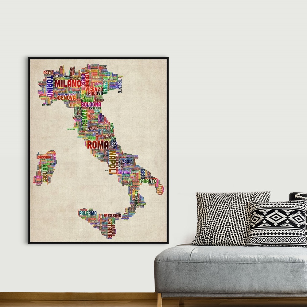 A bohemian room featuring Typography art depicting the country of Italy composed completely out of the names of cities in a...