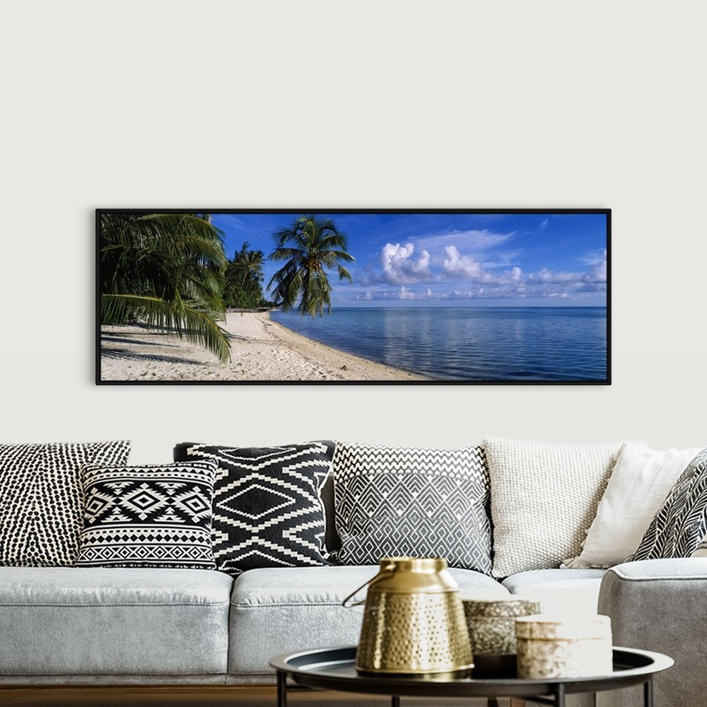 A bohemian room featuring Panoramic photograph shows a group of tropical vegetation hanging over a sandy coastline while th...