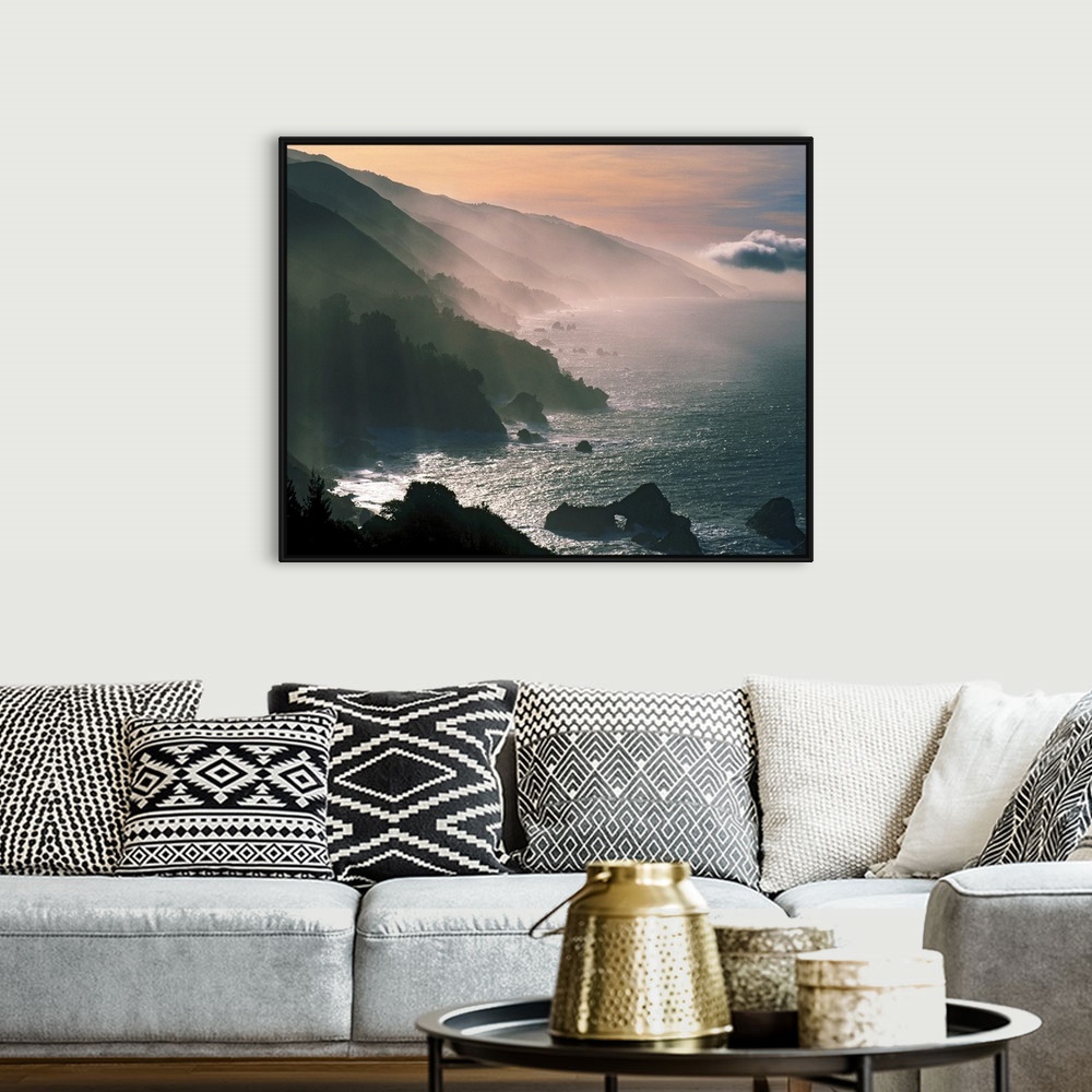 A bohemian room featuring Photograph of the Santa Lucia Mountains rising through fog and mist from the Pacific Ocean.  The ...