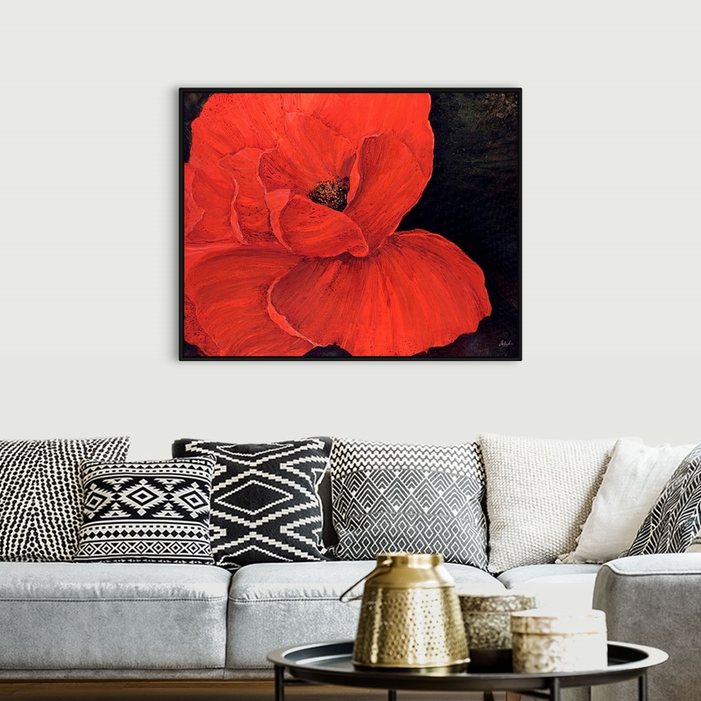 A bohemian room featuring A decorative accent for the home or office this painting is a poppy with its petals spread wide o...