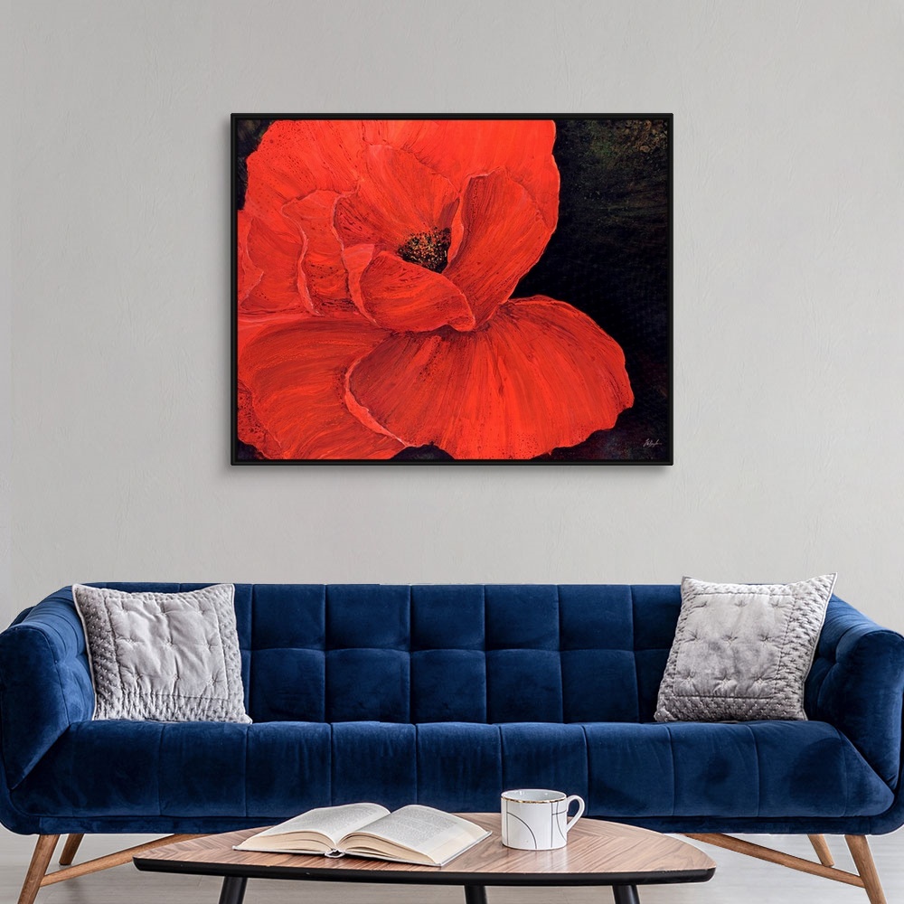 A modern room featuring A decorative accent for the home or office this painting is a poppy with its petals spread wide o...