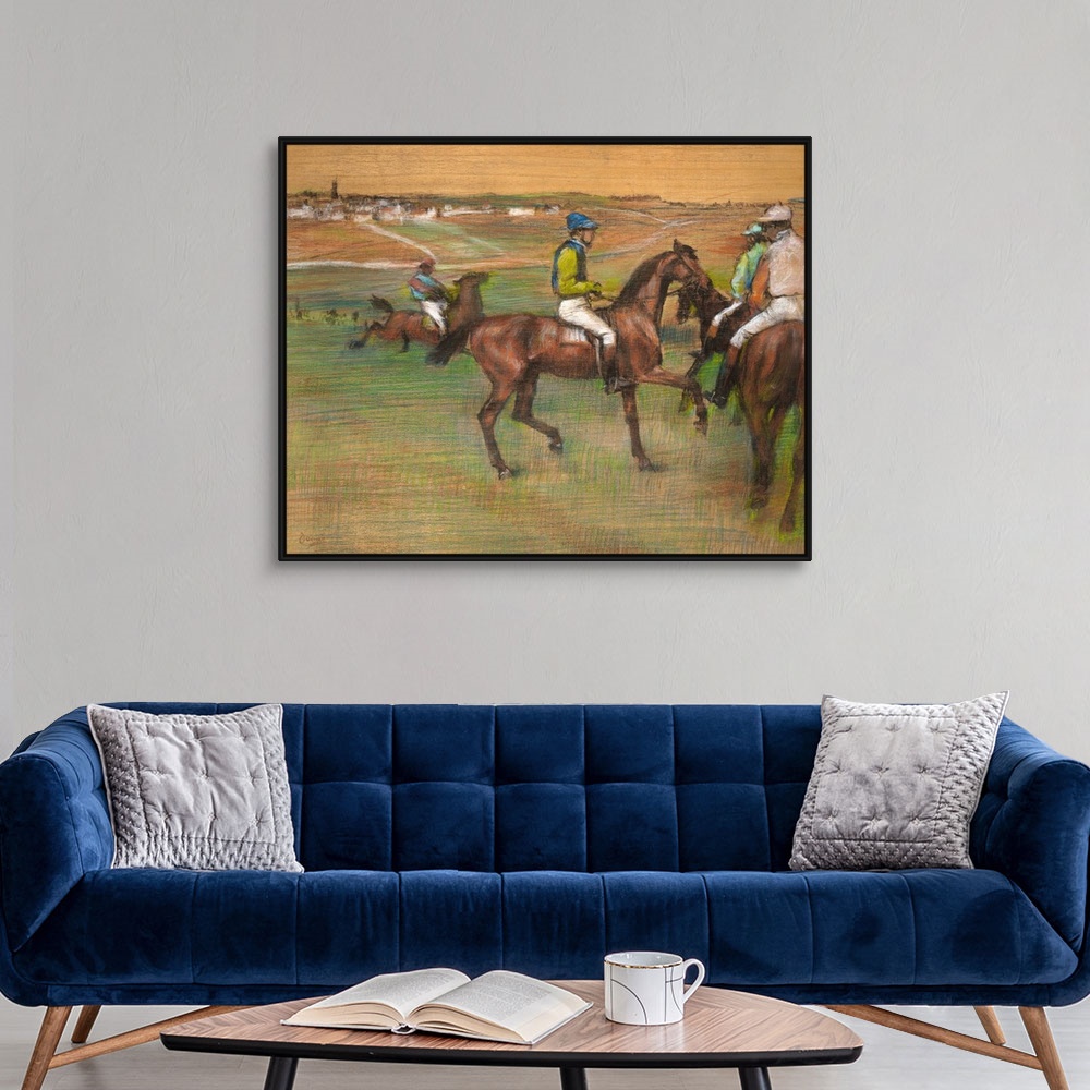 A modern room featuring Degas undertook racing scenes throughout his career, characteristically manipulating his horses a...