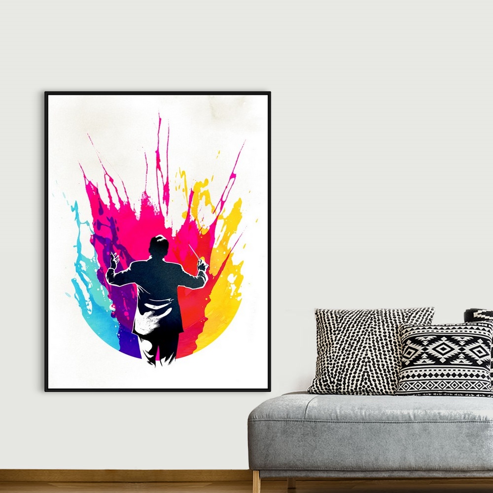 A bohemian room featuring Contemporary artwork of orchestra director directing splashes of color spraying upward.