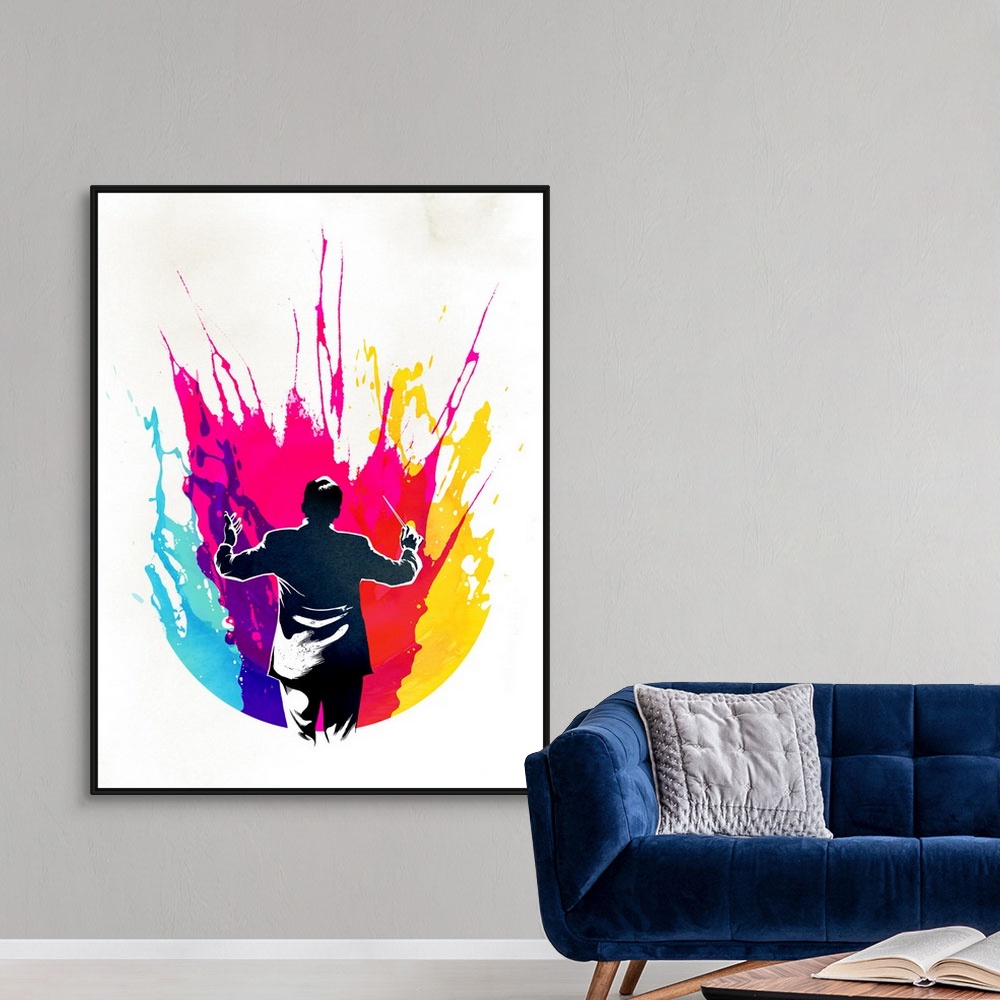 A modern room featuring Contemporary artwork of orchestra director directing splashes of color spraying upward.