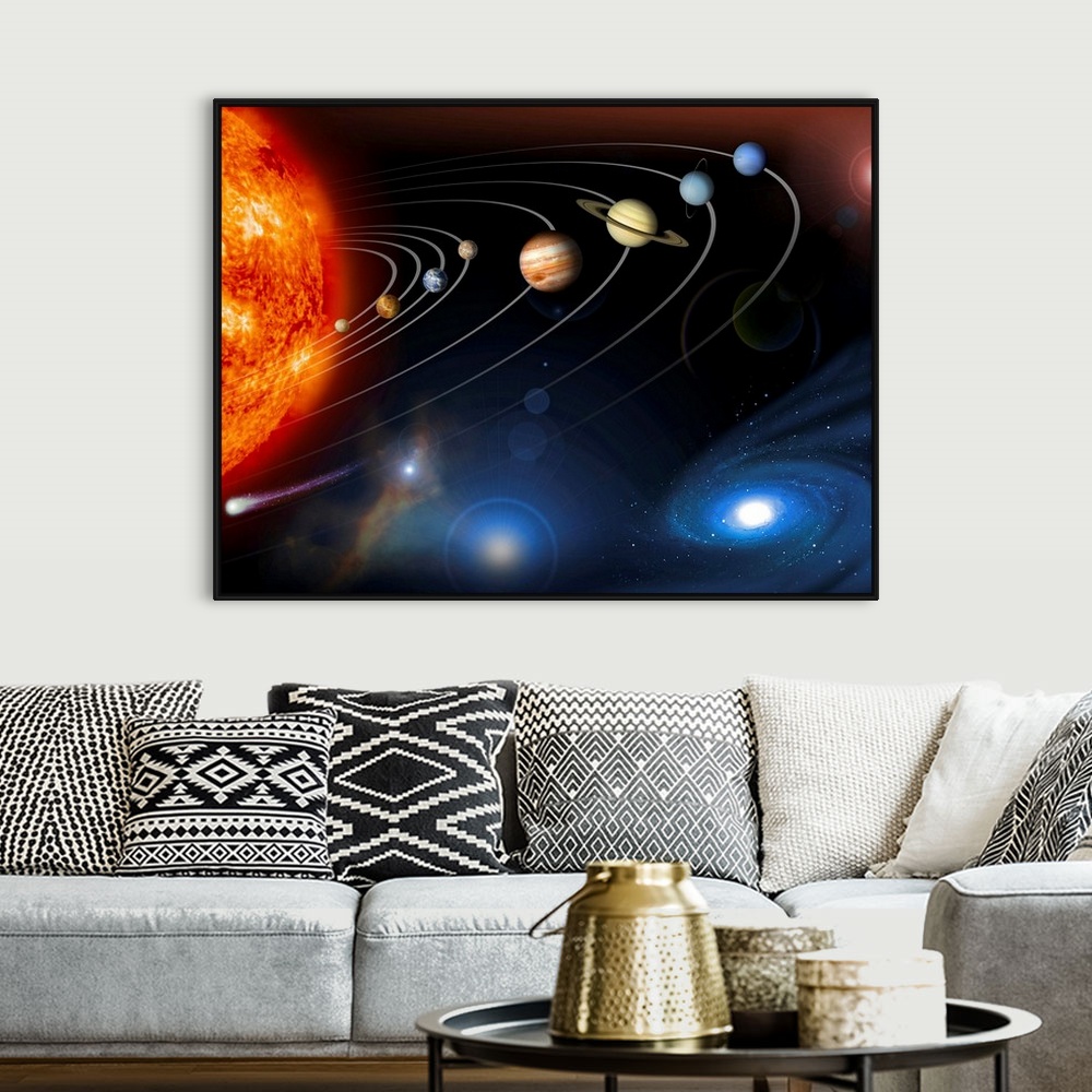A bohemian room featuring Solar system planets. Computer artwork of the eight planets of the solar system, which are arraye...