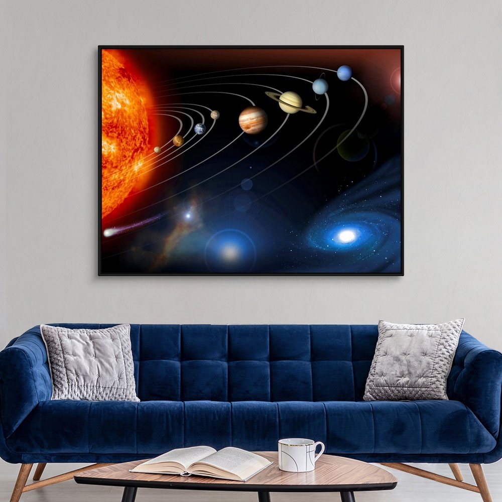 A modern room featuring Solar system planets. Computer artwork of the eight planets of the solar system, which are arraye...