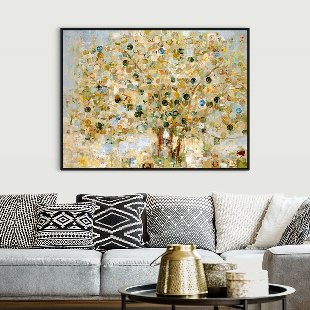 A bohemian room featuring Large living room decor of an abstract landscape of a tree where the leaves are represented by ci...