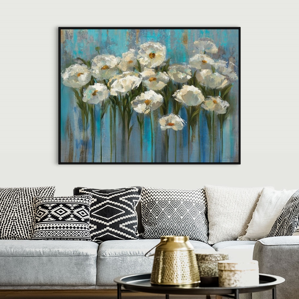 A bohemian room featuring Contemporary painting of flowers standing tall with an abstract background.