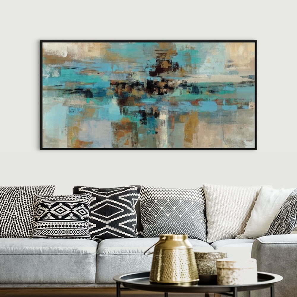 A bohemian room featuring Horizontal living room art of a restful composition of an abstract painting with a layered paint ...