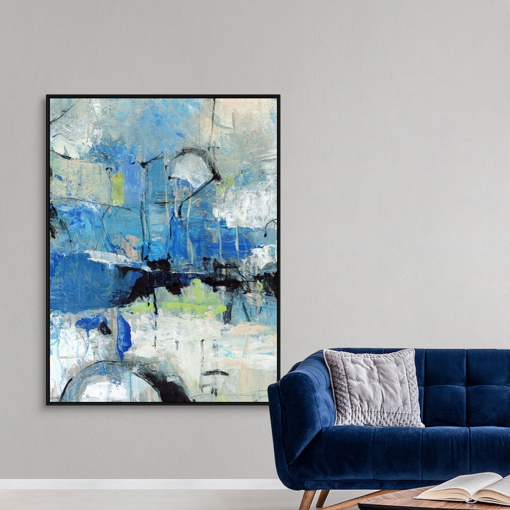 A modern room featuring This abstract piece of artwork shows multiple techniques of painting with a cool color palate.
