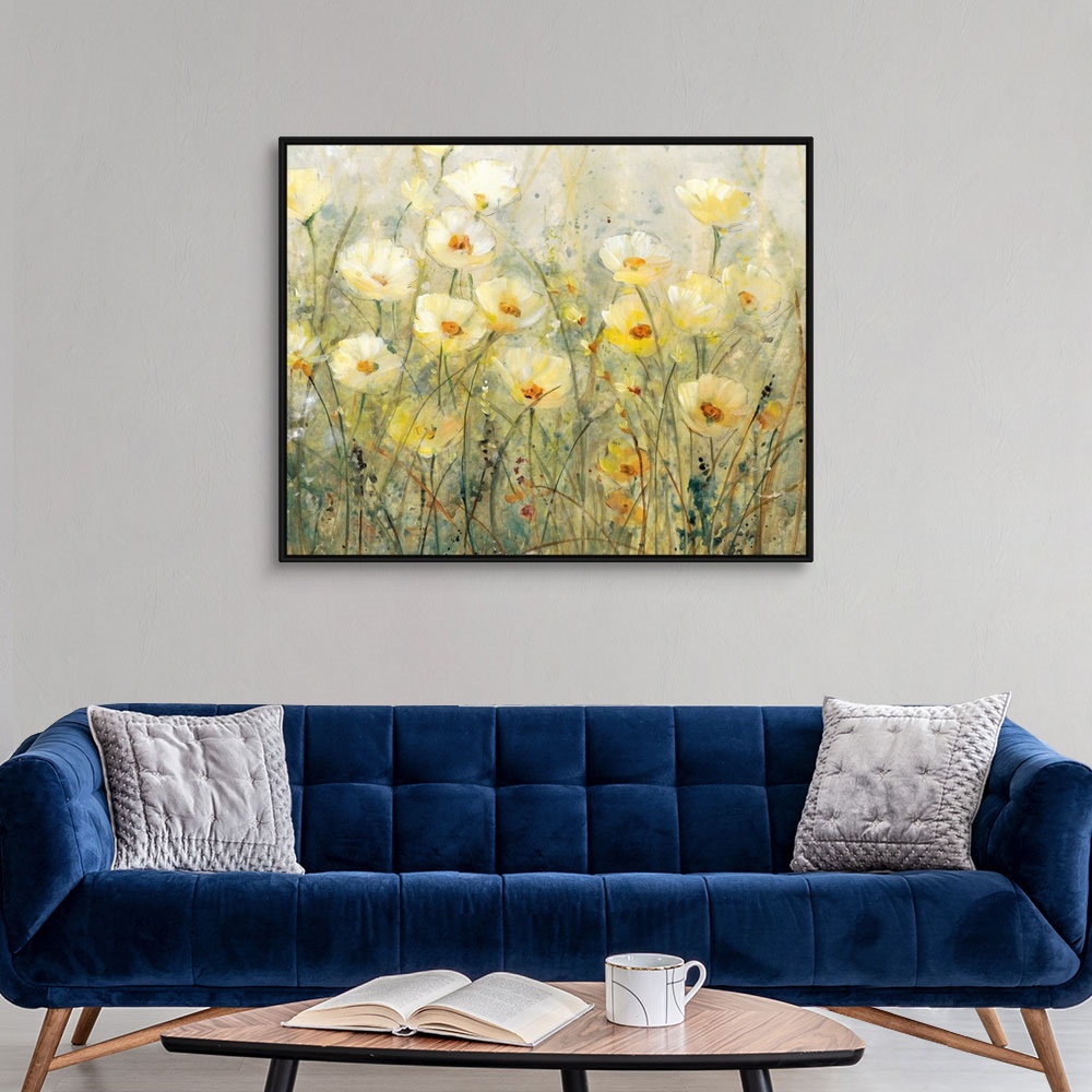 A modern room featuring Contemporary painting of several yellow flowers growing in a field.