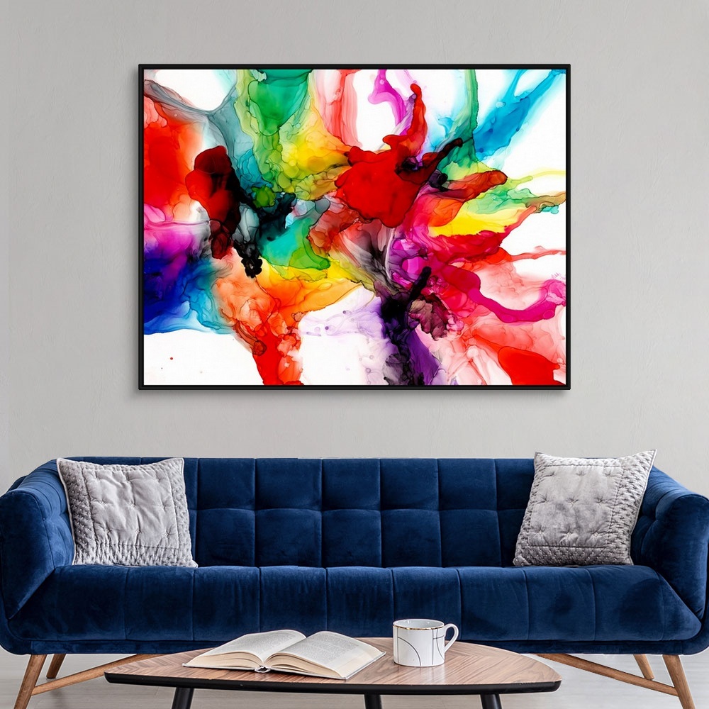 A modern room featuring A punchy, bright, jewel-toned abstract created with an alcohol ink technique. Featuring every col...
