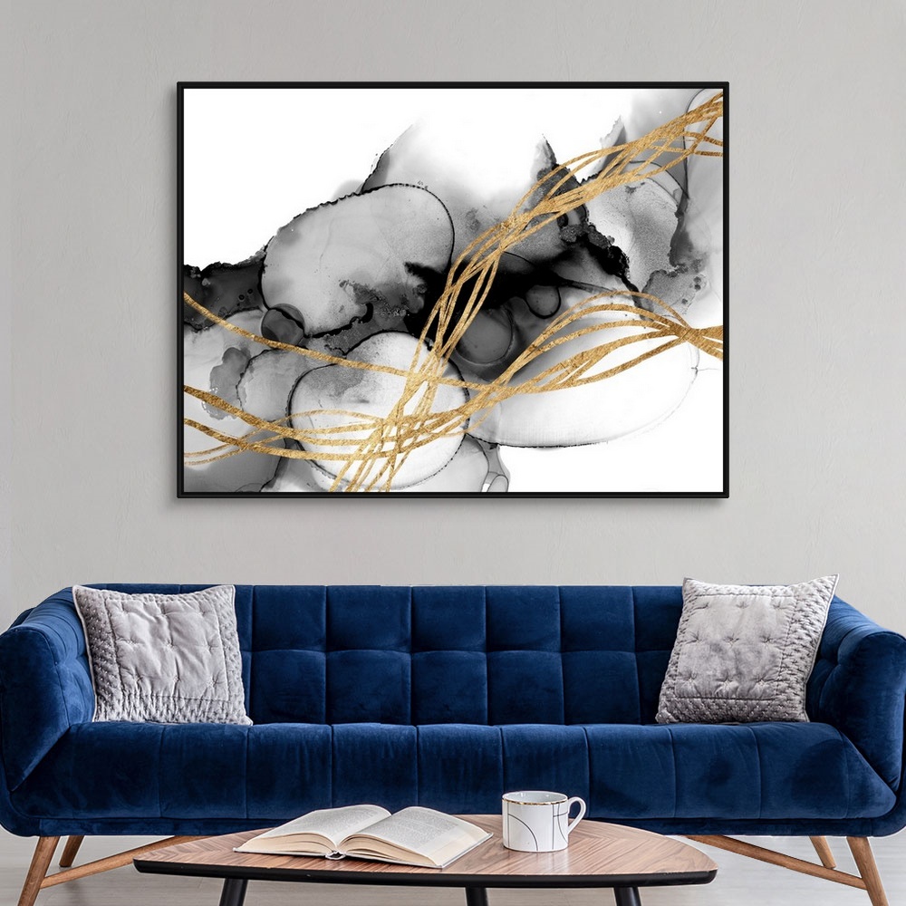 A modern room featuring A stunning abstract piece featuring waves of gold atop a smoky, inky, fluid background. The combi...