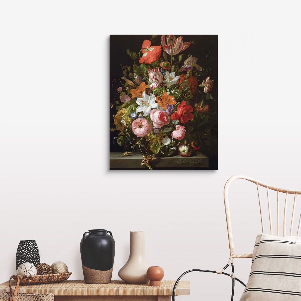 Still life of roses, lilies, tulips and other flowers in a glass vase ...