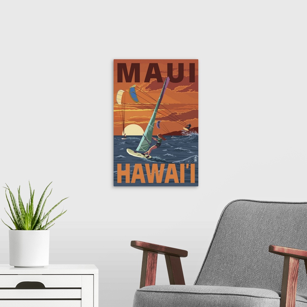 Maui, Hawaii - Windsurfers Scene at Sunset: Retro Travel Poster Wall ...