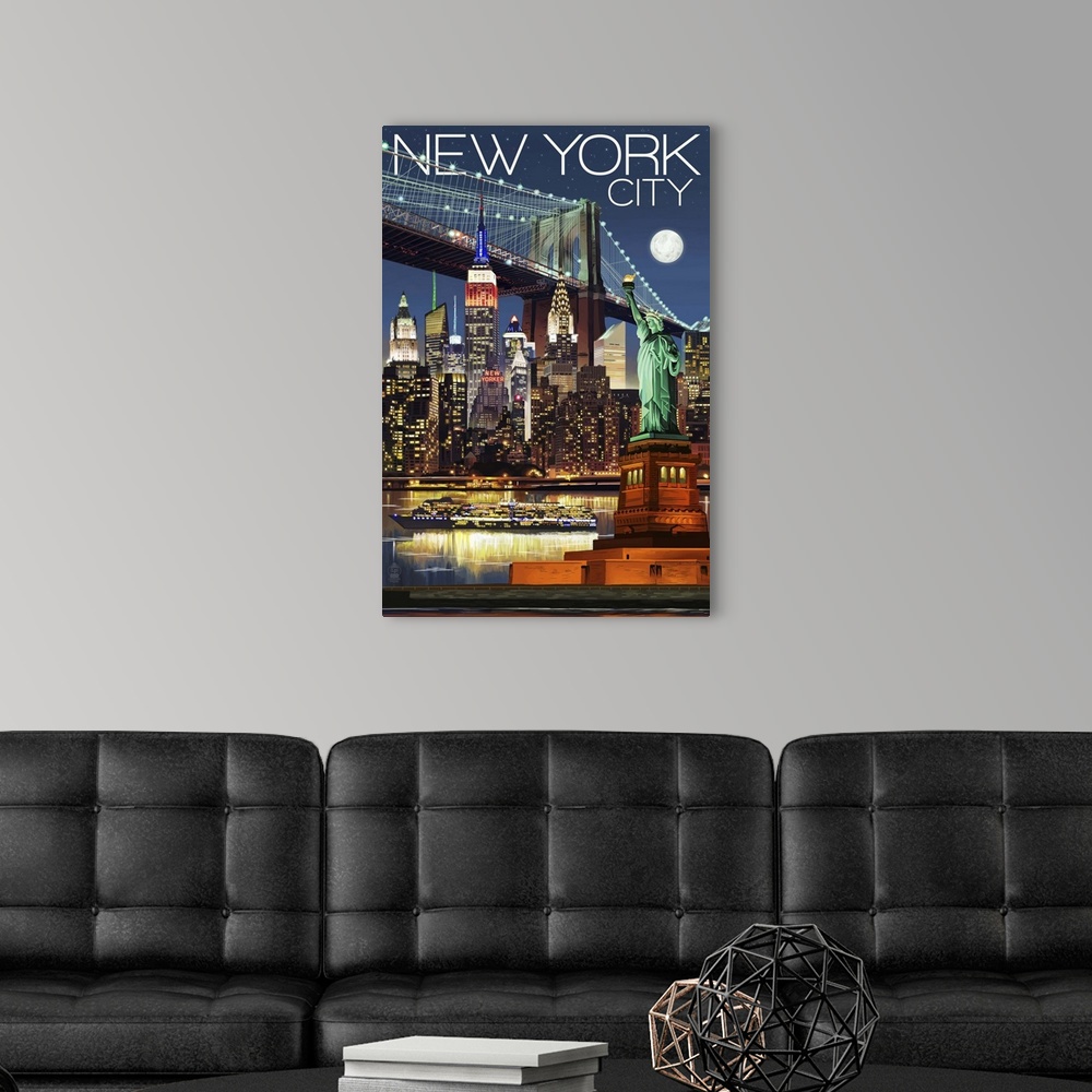 New York City, NY - Skyline at Night: Retro Travel Poster Wall Art ...