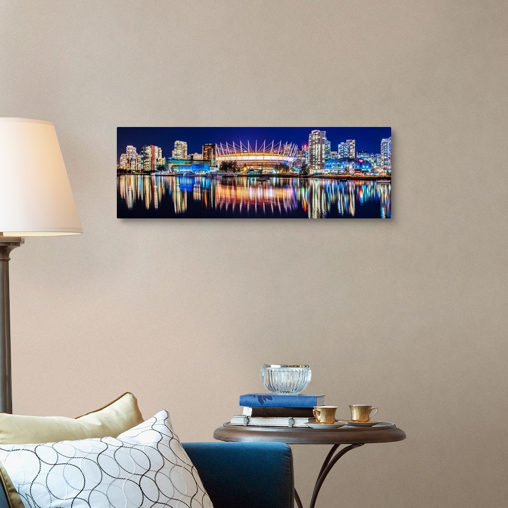 BC Place Stadium and Vancouver Skyline at Night - Panoramic Wall Art ...