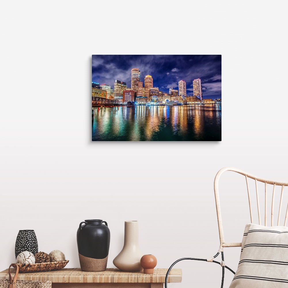 Boston Skyline At Night With Reflecting Lights Wall Art, Canvas Prints ...