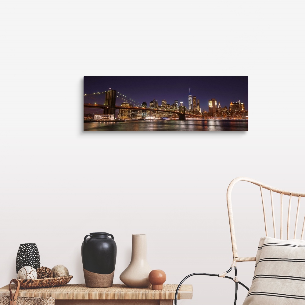 New York City Skyline with Brooklyn Bridge in Foreground, at Night Wall ...